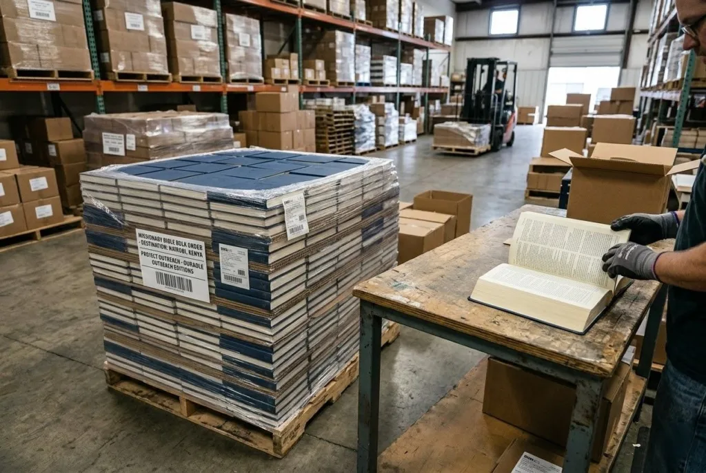 Eine Palette voller Missionsbibeln in einem Lagerhaus für den weltweiten Vertrieb und die Verwendung in Kirchengemeinden.