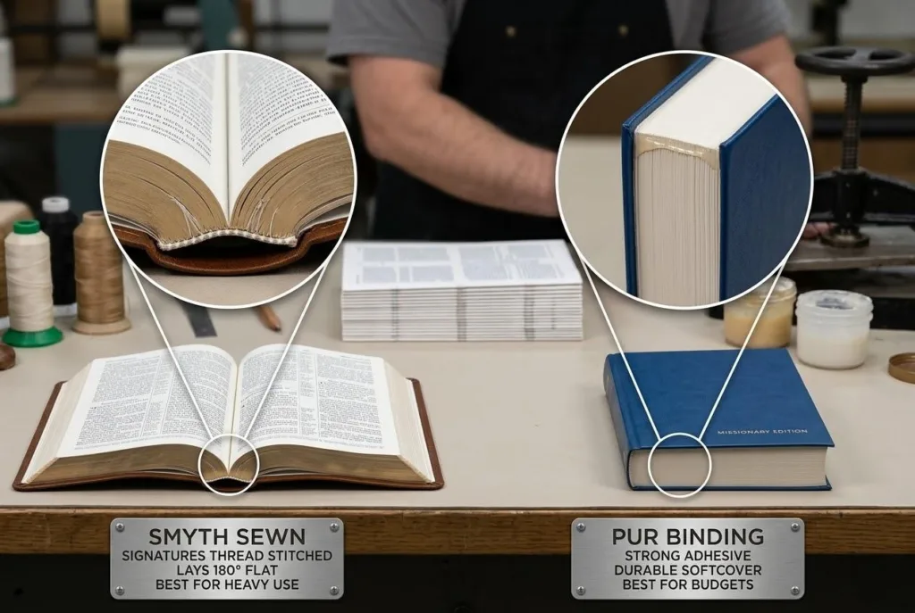 Technischer Vergleich zwischen der Smyth-Nähfadenbindung und der dauerhaften Pur-Klebebindung für Bibeln.