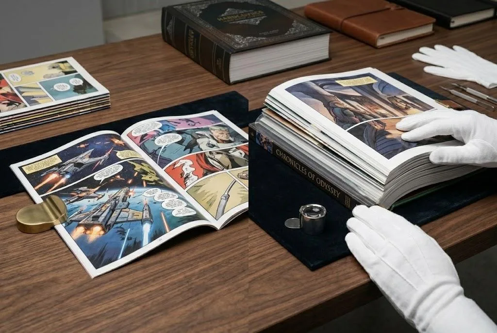 Visual Comparison Between Reinforced Saddle Stitching For Flat Opening Comics And Durable Pur Perfect Binding For Graphic Novel Spines.