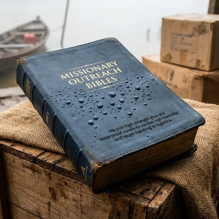 Wasserdichte Missionarsbibel mit Wassertropfen auf einer Holzkiste in der Nähe eines Flusses und eines Bootes.