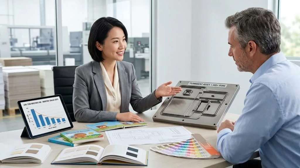 Un consultant chinois discute de l'outil de production et de l'investissement à long terme avec un client occidental dans un cadre professionnel.