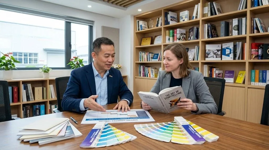 A Chinese Project Manager And A Western Author Reviewing A Book Proof And A Logistics Timeline In A Professional Printing Office.