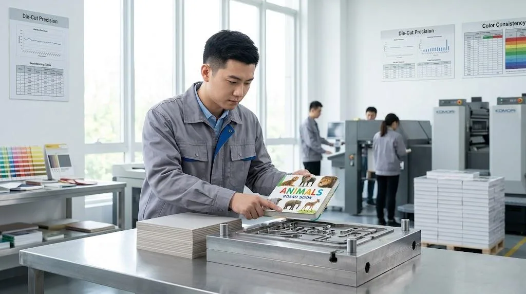 Un spécialiste chinois du contrôle de la qualité inspecte un échantillon de livre en carton épais à l'aide d'un outil de découpe de précision dans une usine de fabrication professionnelle.