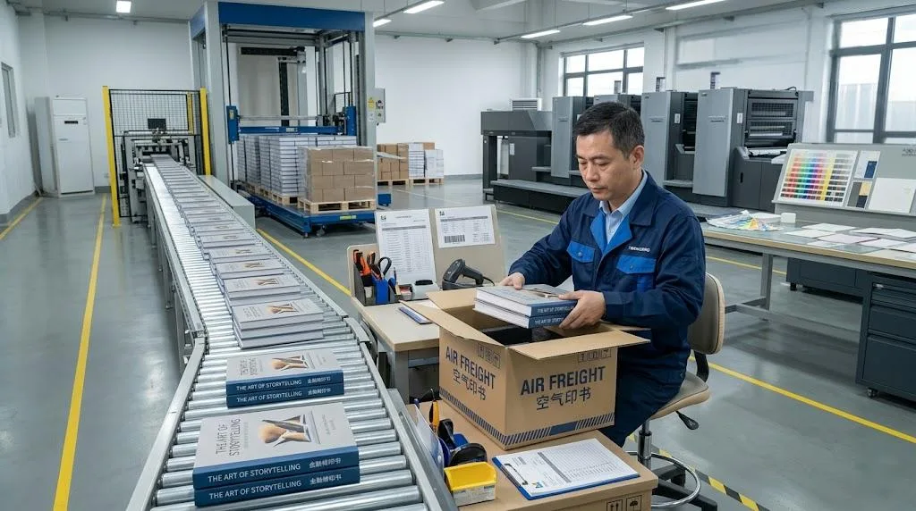 A Chinese technician professionally sorting book inventory for air and sea split shipment on a factory bindery line A Chinese Technician Professionally Sorting Book Inventory For Air And Sea Split Shipment On A Factory Bindery Line.