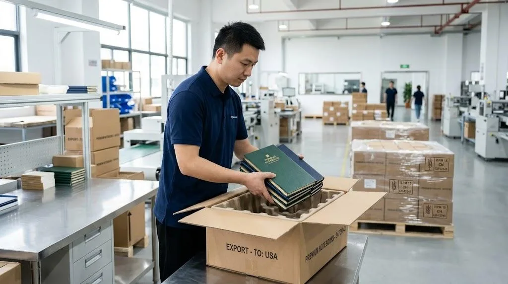 A Factory Technician Packing Finished Notebooks Into Cartons Near Organized Shipping Pallets In A Clean Warehouse.