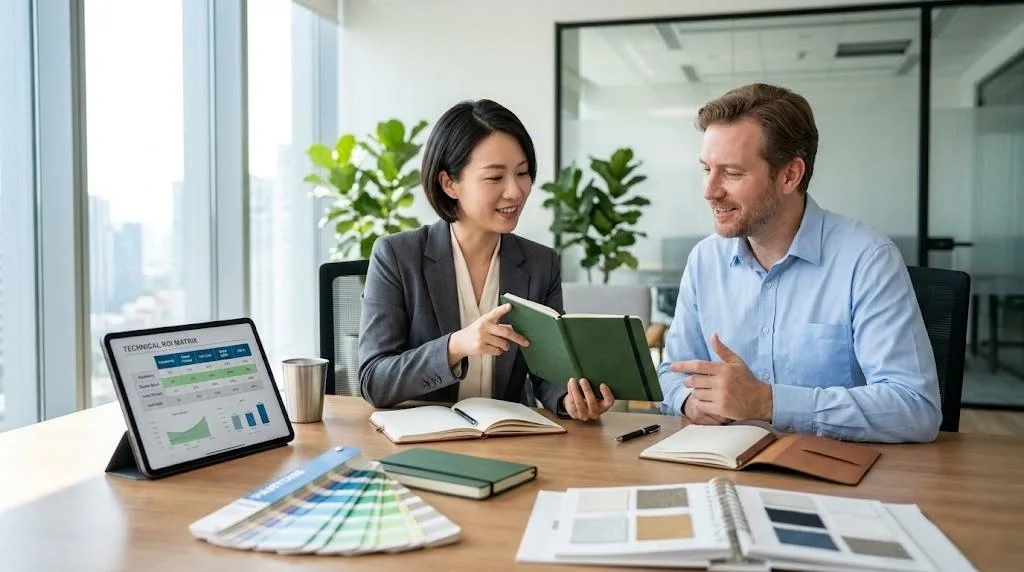 Ein professioneller chinesischer Projektmanager und ein westlicher Kunde, die in einem hellen Büro Muster und technische Spezifikationen für kundenspezifische Notebooks prüfen.
