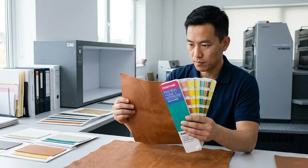 A Professional Technician Comparing A Leather Swatch With A Pantone Fhi Color Guide In A Well Lit Printing Facility.