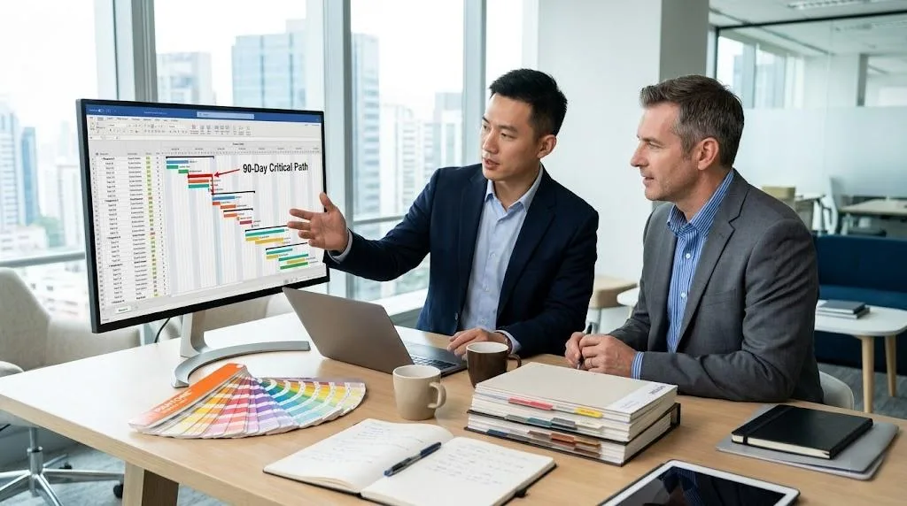 A Project Manager And A Client Reviewing A 90 Day Custom Manufacturing Timeline On A Monitor In A Professional Office Setting.