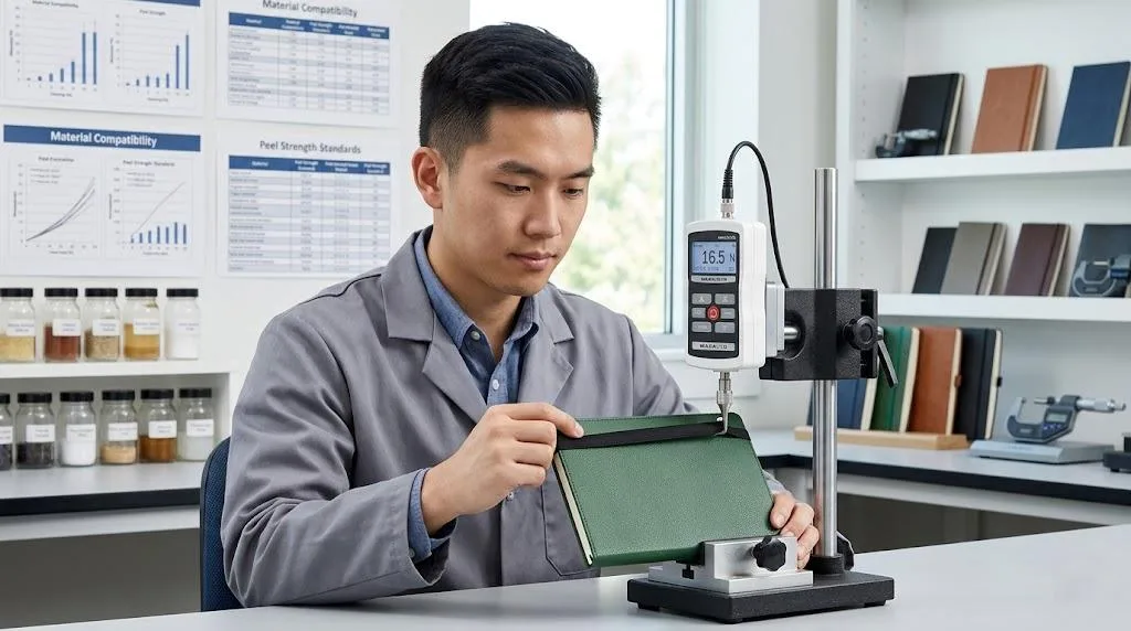 Ein erfahrener chinesischer Techniker, der mit einem digitalen Kraftmesser einen Test der Haftungskompatibilität eines Notebookdeckels durchführt.