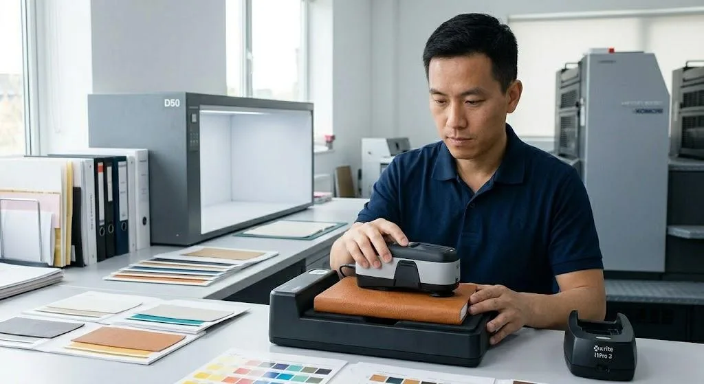 A Technician Using A Spectrophotometer To Measure Color Accuracy On A Physical Book Dummy.