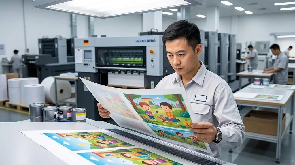 Chinese Printing Technician Inspecting A Wet Proof Sheet For Ink Opacity And Color Accuracy In An Offset Printing Factory.