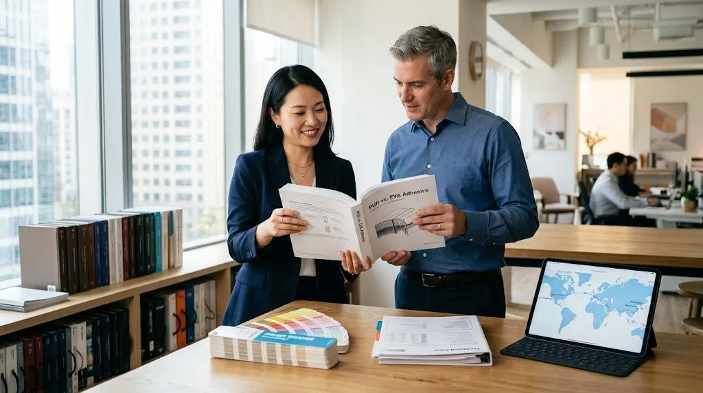 Chinese Project Manager And Western Publisher Reviewing A Book Sample And Shipping Plans In A Bright Office.