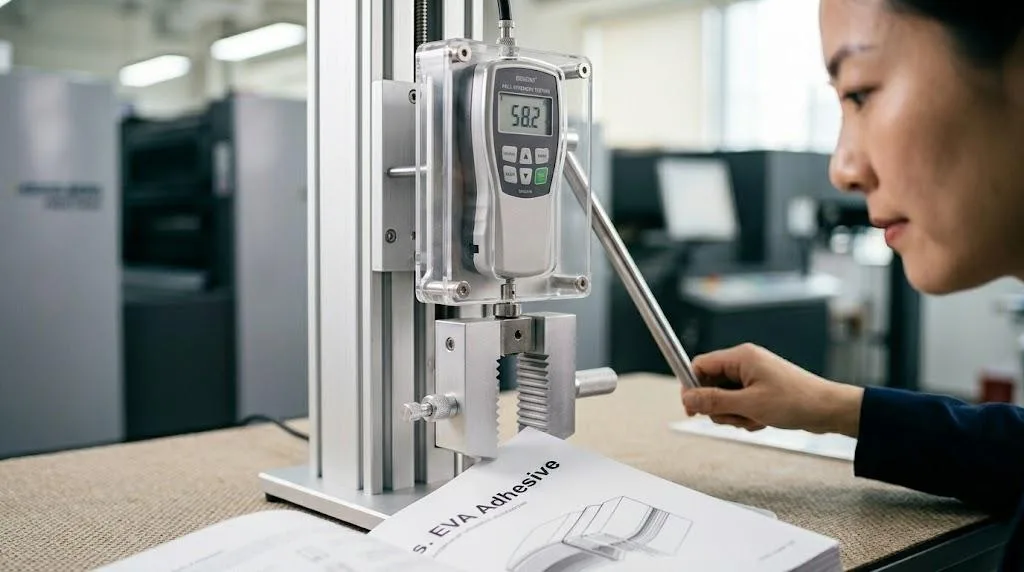 Chinese Quality Control Technician Performing A Page Pull Test On A Catalog In A Printing Factory Lab.