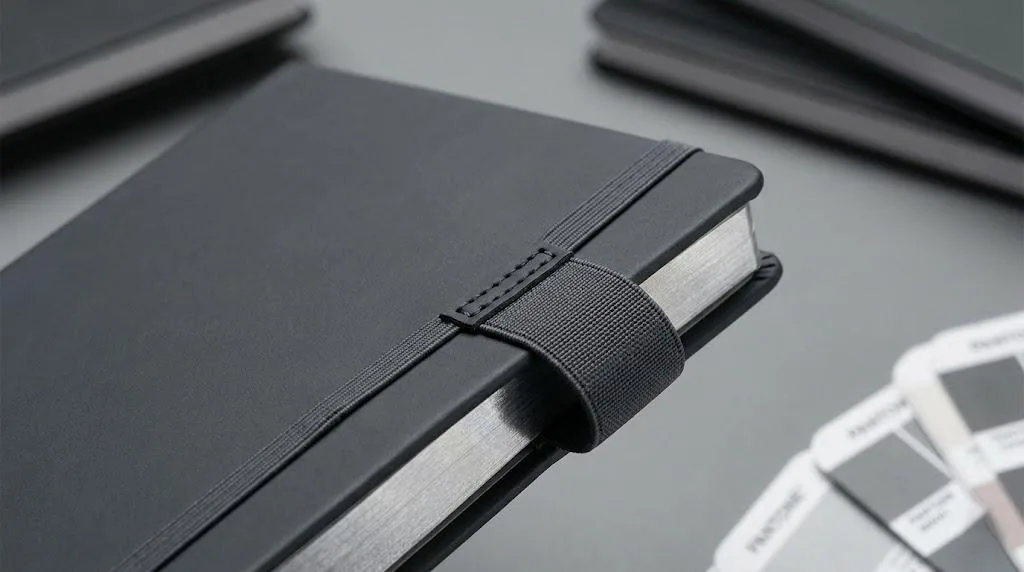 Primer plano de un cuaderno personalizado de alta calidad que muestra la integración precisa de un bucle para bolígrafo y una banda elástica con una cubierta suave al tacto.
