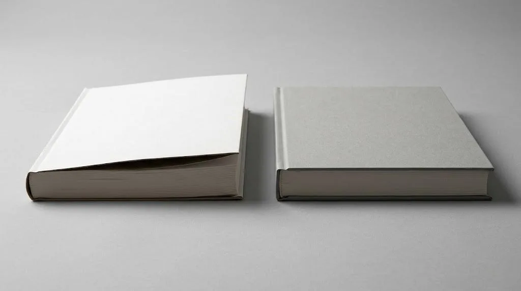 Comparison Shot Between A Warped Hardcover Book With Low Grade Board And A Flat Premium Hardcover Book.