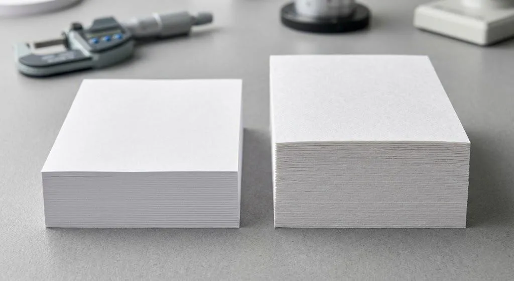 Macro Comparison Of Standard Offset Paper Stack Versus A High Bulk Paper Stack Of The Same Weight Showing Thickness Difference.