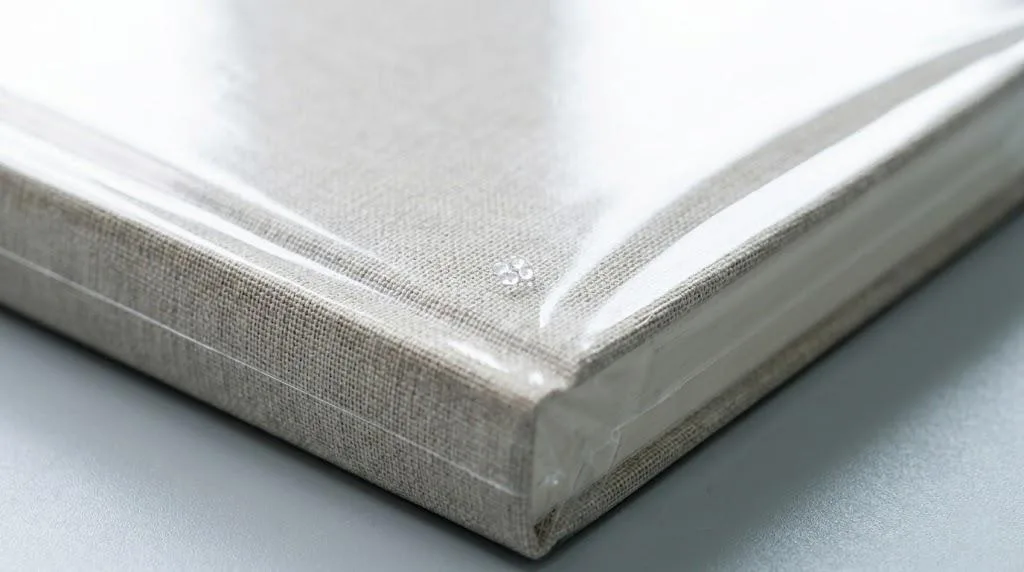 Macro Shot Of 15 Micron Pof Shrink Film Isolating A Cloth Book Cover To Prevent Friction And Moisture Damage.