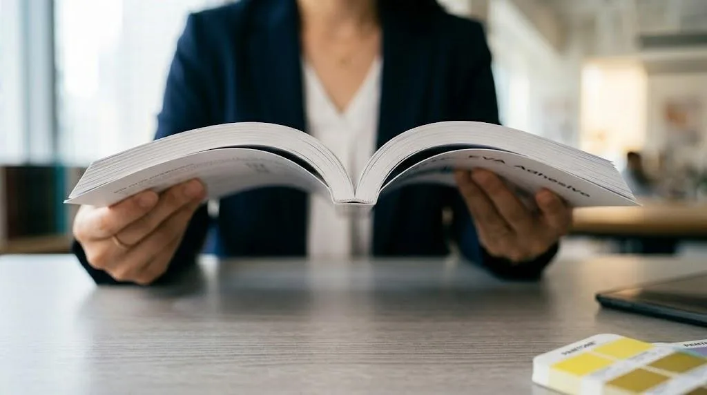 Macro Shot Of A Flexible Pur Bound Book Spine Showing Superior Adhesive Penetration And Lay Flat Capability.