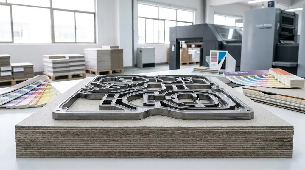 Macrofotografía de una herramienta de troquelado metálico de precisión y capas gruesas de cartón gris utilizadas en la fabricación de libros de cartón.