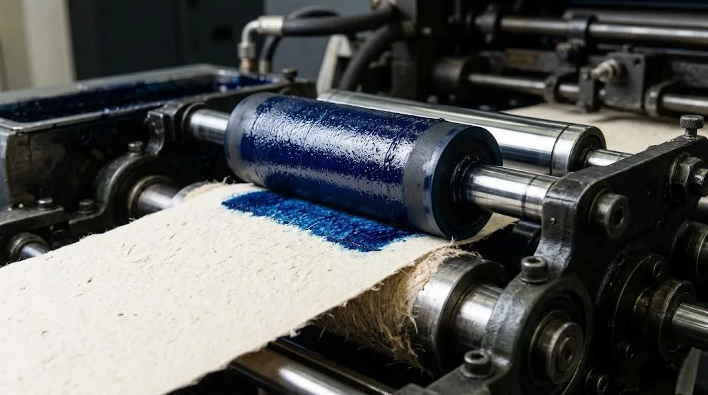 Macro Shot Of An Offset Printing Press Roller Applying Ink To High Quality Uncoated Paper Stock.