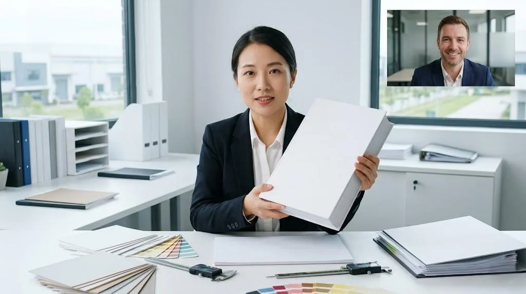 Professional Project Manager Showing A Blank Dummy Book Spine To A Client During A Technical Printing Consultation.