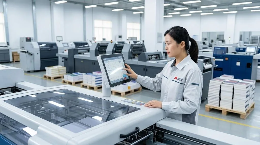 Professional Supervisor Operating Automated Binding Machinery In A Climate Controlled Book Printing Factory.