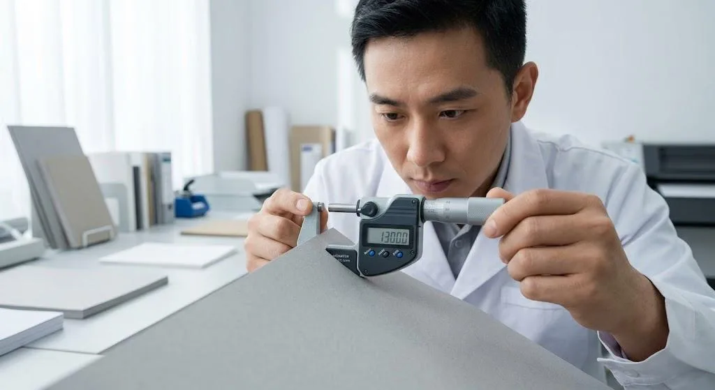 Skilled Technician Using A Digital Micrometer To Measure Greyboard Thickness For Precision Hardcover Book Printing.