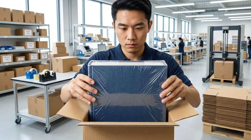 Technician Placing A Cloth Wrapped Book Into A Custom Fit K=k Corrugated Carton With Precise Tolerances For Ocean Freight Protection.
