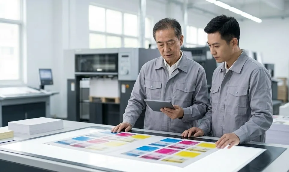 Un director de imprenta chino y un operario de rotativa revisan una prueba de color impresa en una caja de luz en un taller.