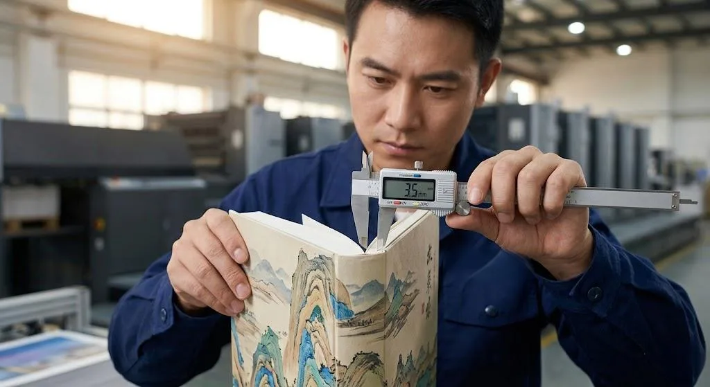 Ein chinesischer Techniker verwendet einen digitalen Messschieber, um die genaue Fugentiefe eines Hardcover-Buches mit rundem Buchrücken zur Qualitätskontrolle zu messen.