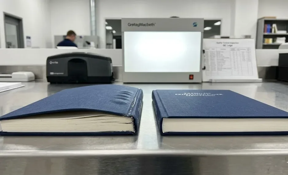 Una macrocomparación técnica en la que se muestra un libro de tapa dura alabeado con cola EVA defectuosa junto a un libro de tapa dura perfectamente plano encuadernado con adhesivo PUR e1779492666786 Macrocomparación técnica en la que se muestra un libro de tapa dura combado con cola Eva defectuosa junto a un libro de tapa dura perfectamente plano encuadernado con adhesivo Pur.