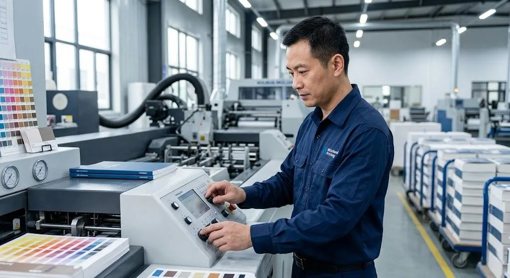 Ein professioneller chinesischer Bediener, der die Parameter einer modernen Heidelberger Buchbindemaschine in einer sauberen Produktionsstätte einstellt.