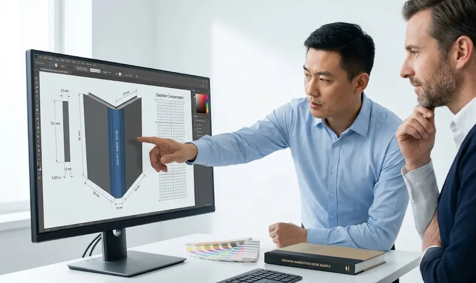 Un chef de projet chinois professionnel discutant de la mise en page de la prépresse du dos de livre en 3D avec un client occidental dans un modérateur.