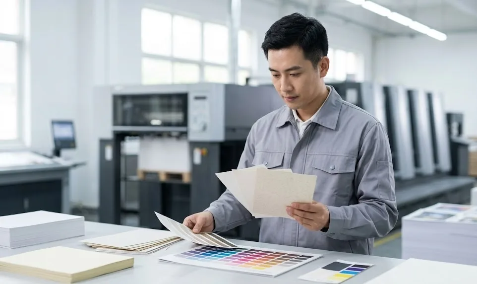Un técnico chino profesional inspecciona muestras de papel de primera calidad comparándolas con una carta de colores en un lugar limpio.