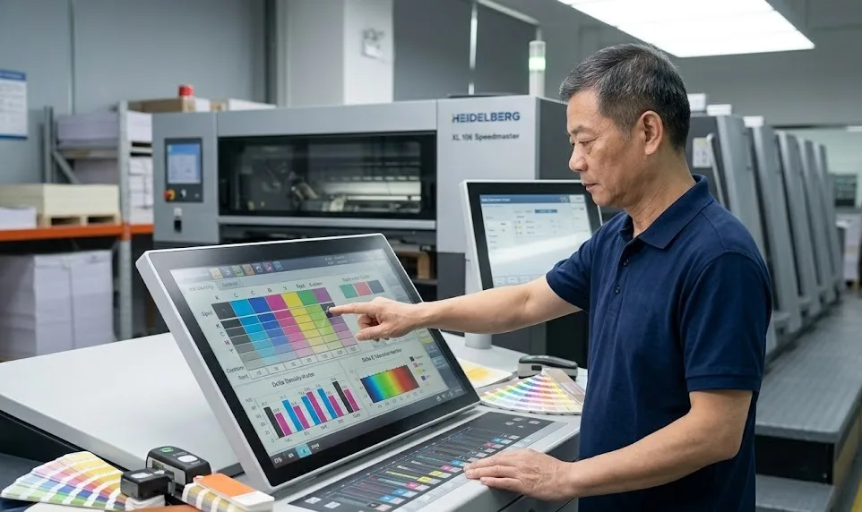 Ein erfahrener chinesischer Drucker bei der Einstellung der Farbparameter an einer High-End-Offsetdruckmaschine von Heidelberg