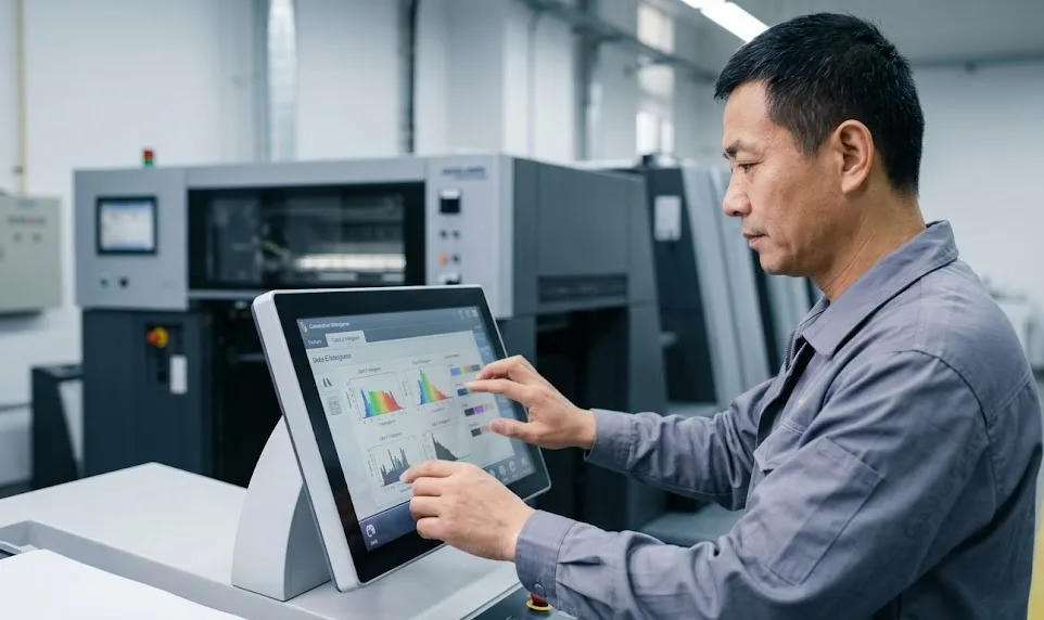 Un conducteur de presse chinois expérimenté règle la précision des couleurs sur une machine d'impression offset Heidelberg moderne.