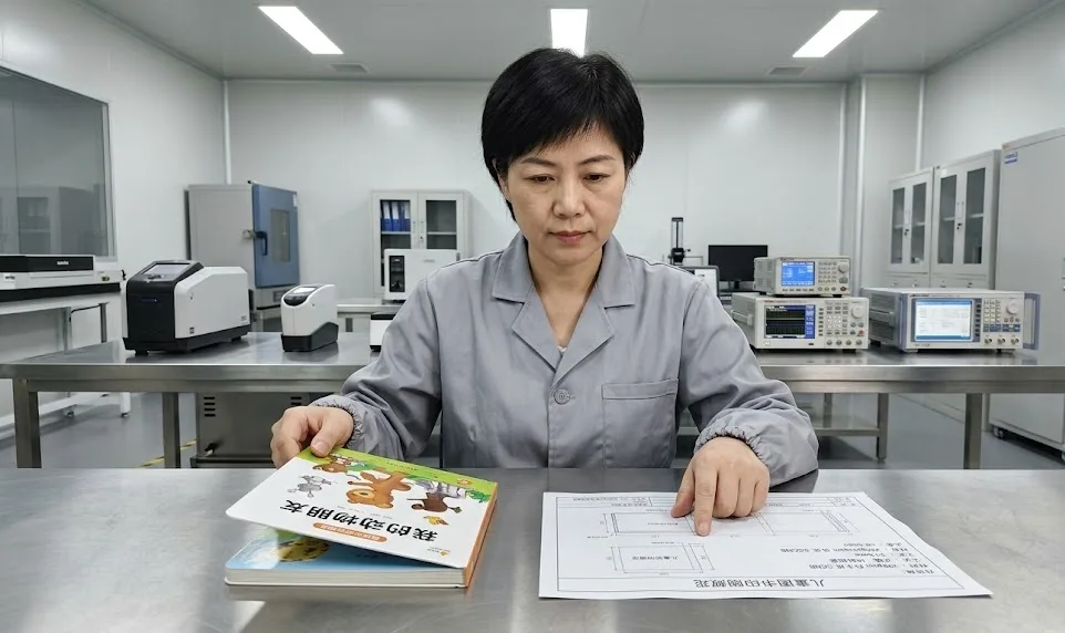 Chinesischer Qualitätsinspektor prüft die Einhaltung der Vorschriften für gedruckte Kinderbücher Chinesischer Projektleiter bei der Überprüfung technischer Entwürfe für Kinderbücher