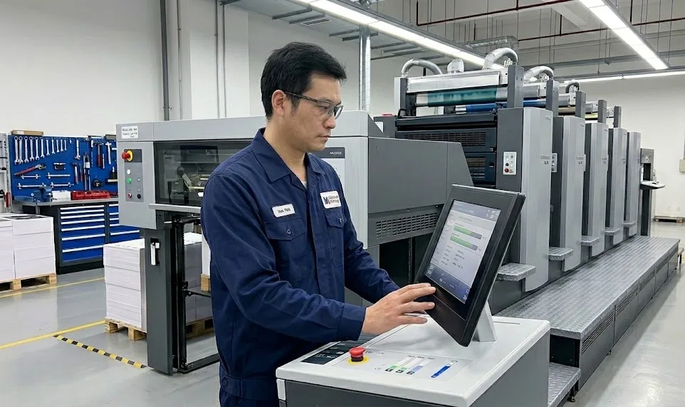 Un technicien chinois surveille le lavage en profondeur d'une presse offset