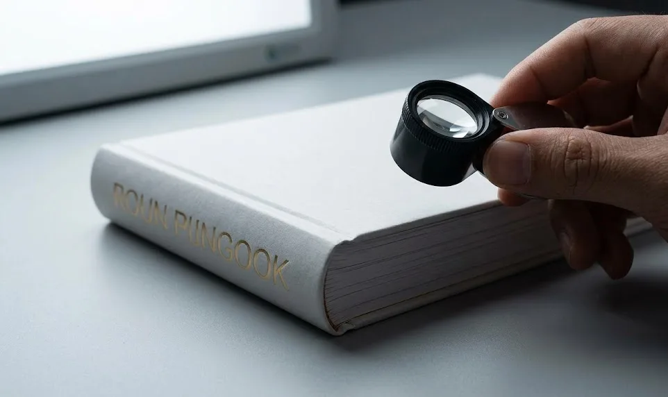 Macrophotographie d'un livre à dos rond de première qualité inspecté à la loupe pour vérifier la qualité de la reliure.
