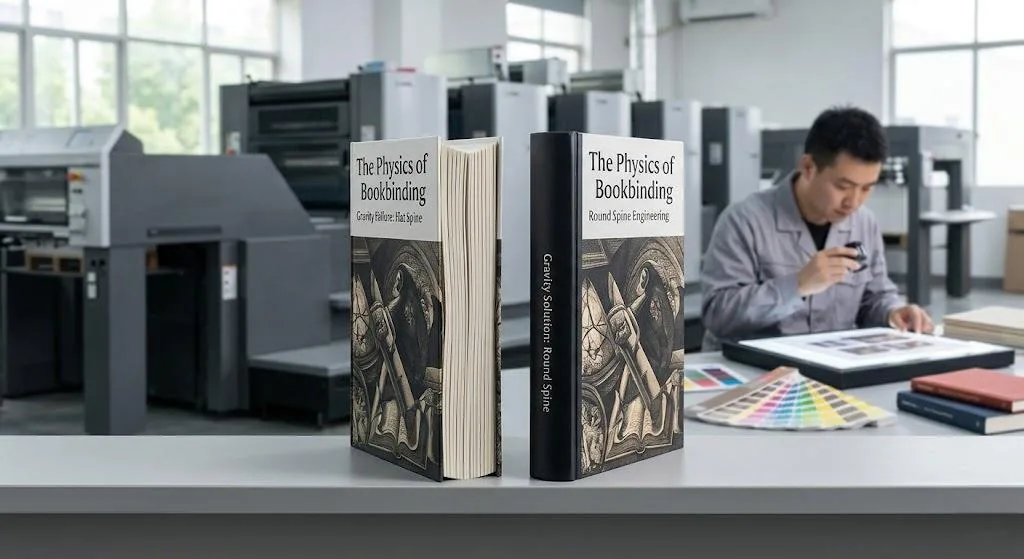 Vergleich eines schweren Buches mit einem durchhängenden flachen Buchrücken mit einem konstruierten runden Buchrücken, der kein strukturelles Nachgeben zeigt.