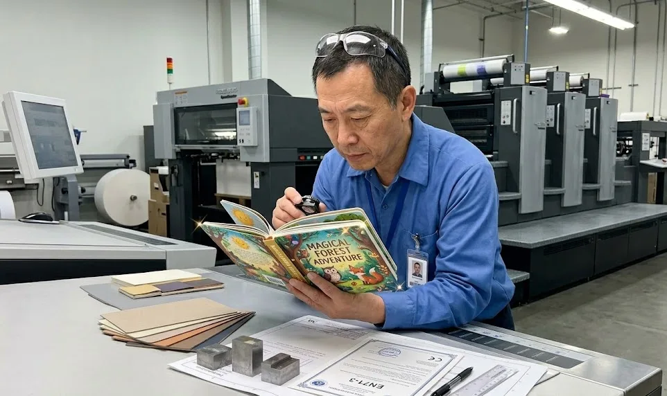 Técnico inspeccionando la estampación en una muestra de libro de cartón de alta calidad Técnico inspeccionando la estampación en una muestra de libro de cartón de alta calidad