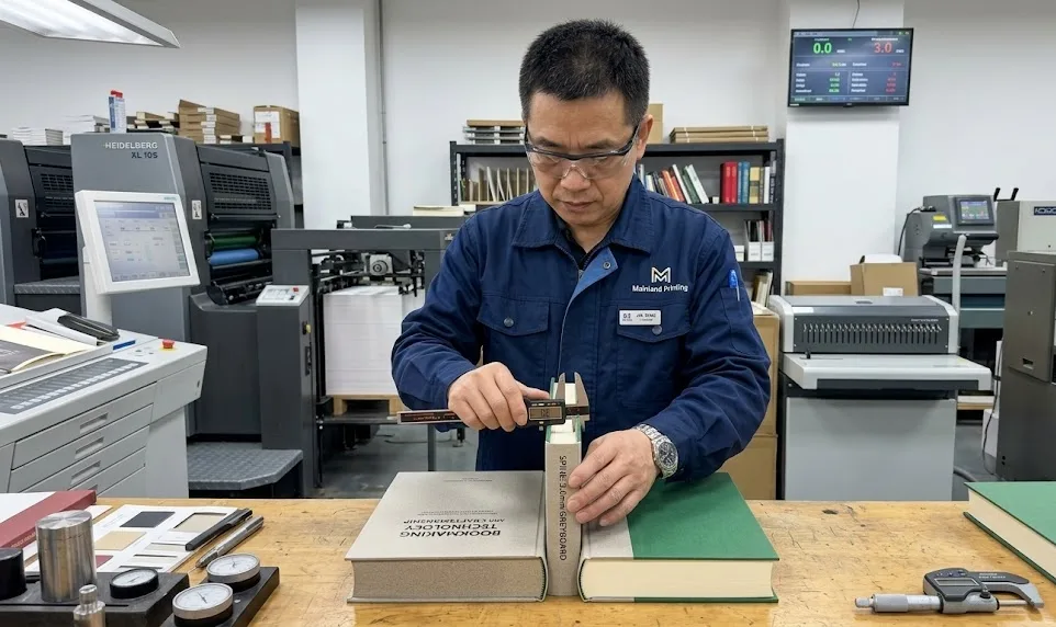 Inspector chino midiendo con precisión el grosor del cartón gris de un libro de tapa dura