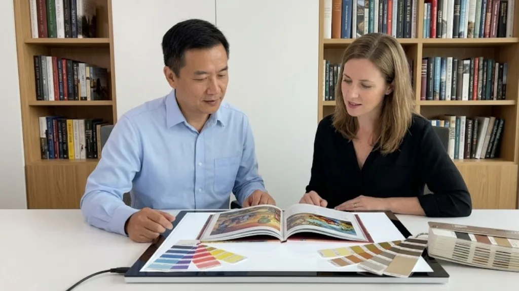 Chinese project manager reviewing book color proof with western publisher Chinese Project Manager Reviewing Book Color Proof With Western Publisher