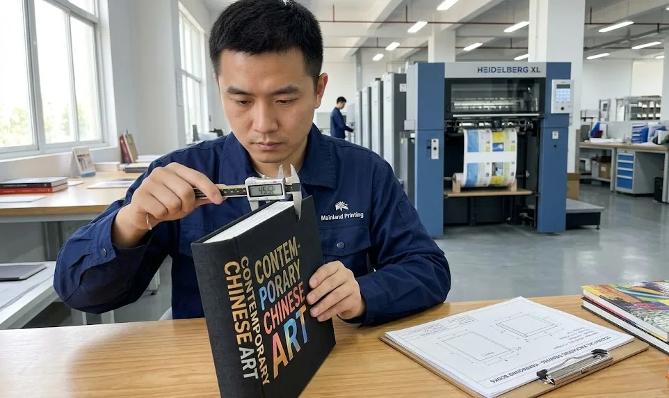 Chinese quality control engineer measuring book thickness with digital caliper