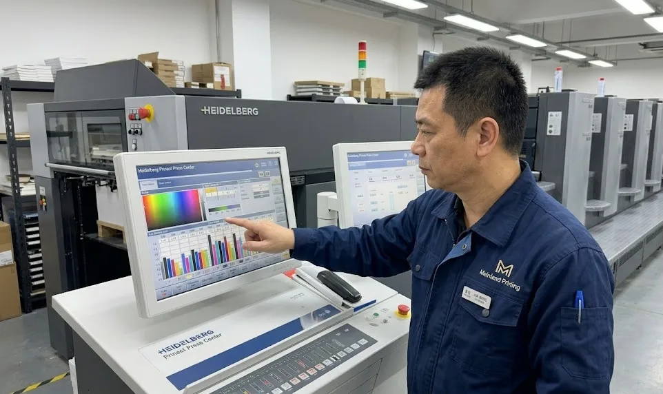Técnico chino ajustando la pantalla de control de color digital de Heidelberg