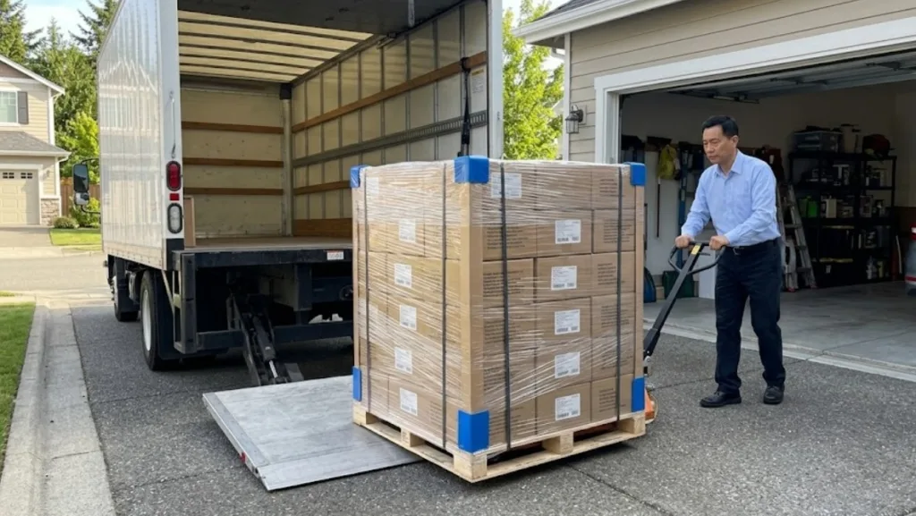 Hydraulic liftgate lowering pallet of printed books at residential driveway Hydraulic Liftgate Lowering Pallet Of Printed Books At Residential Driveway