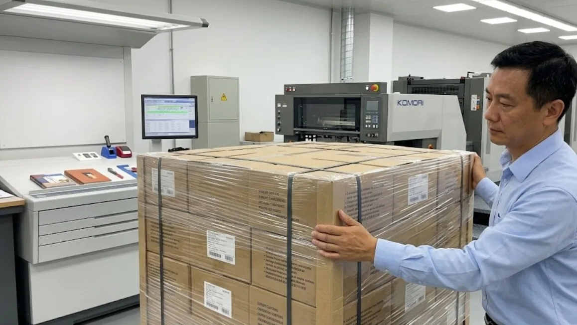 Shrink Wrapping Book Cartons On Pallet With Rigid Corner Boards