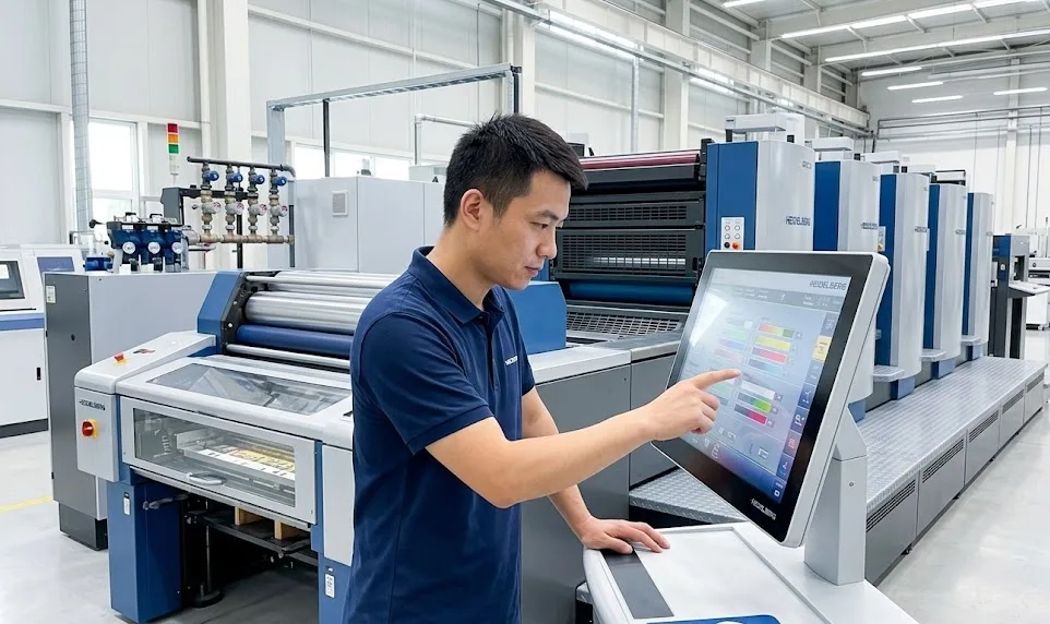 Techniker, der die Farbparameter an einer modernen Offsetdruckmaschine einstellt