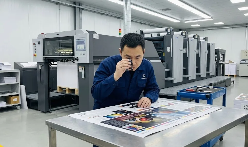 Technicien contrôlant la qualité de l'impression sur une presse offset moderne