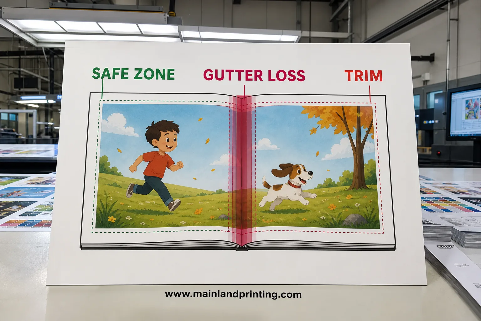 Children's book gutter danger zone spread layout comparison board showing safe art placement